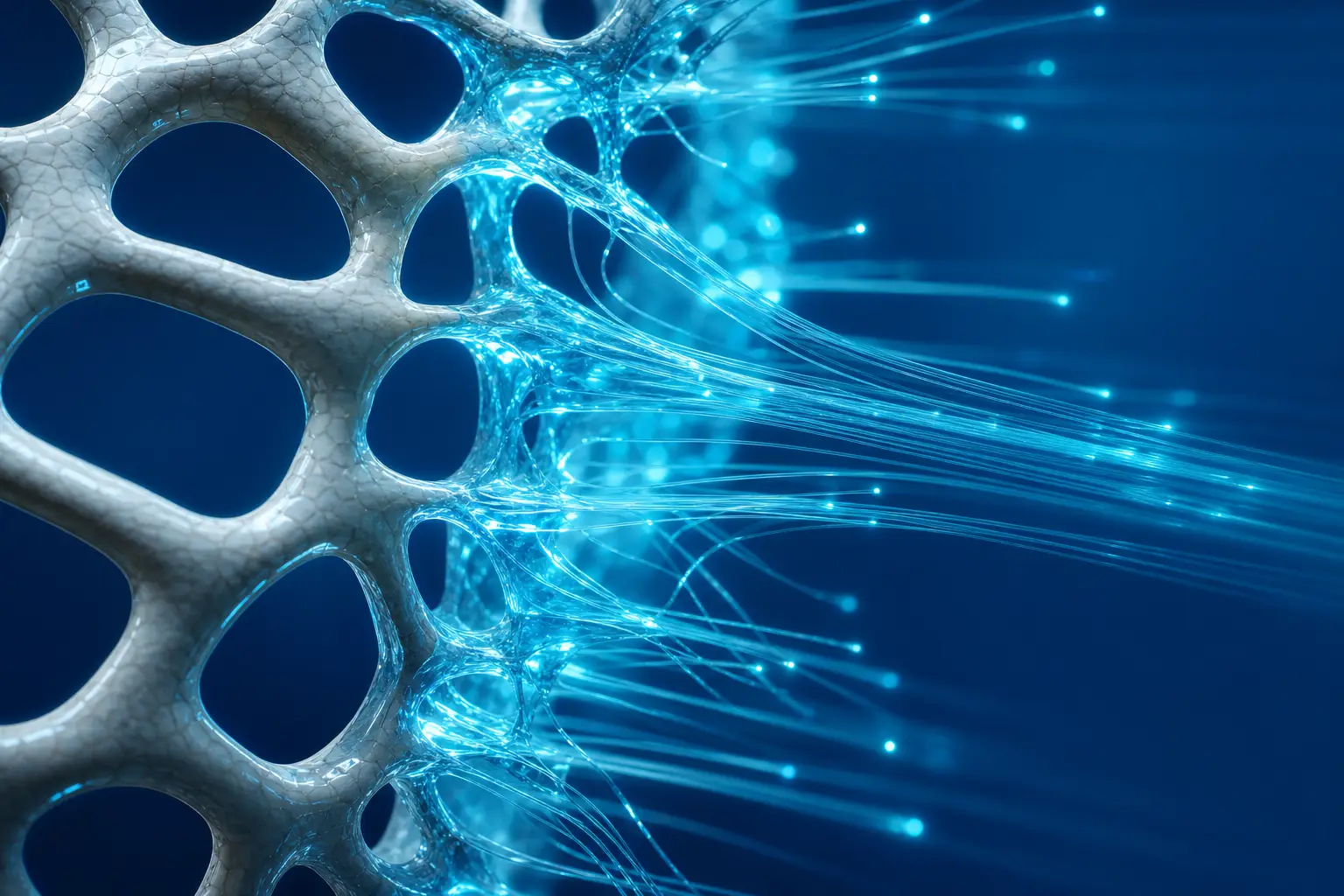 Cerebro sintético de acrílico esmerilado iluminado por un punto de luz cian, auditoría de código con IA