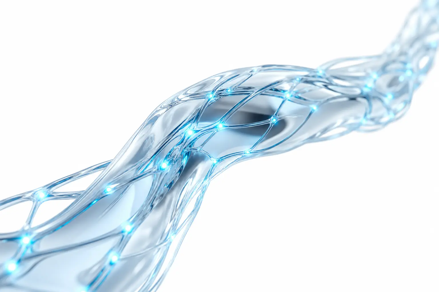 Red cristalina de nodos de datos con luz cian representando analítica de negocio en tiempo real en Slack