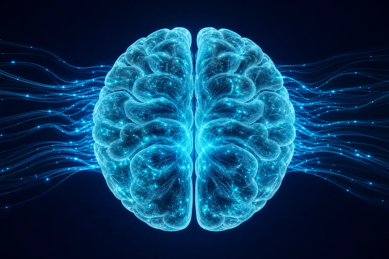 Cerebro sintético translúcido con luz cian representando agente IA autónomo activo en empresa