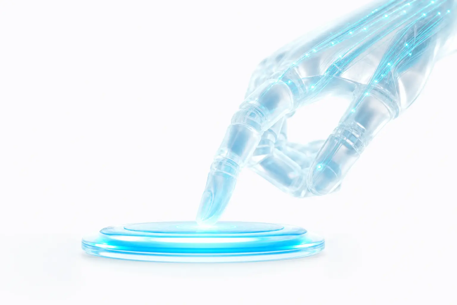 Mano sintética de vidrio y fibra óptica operando interfaz digital, automatización web con agentes IA