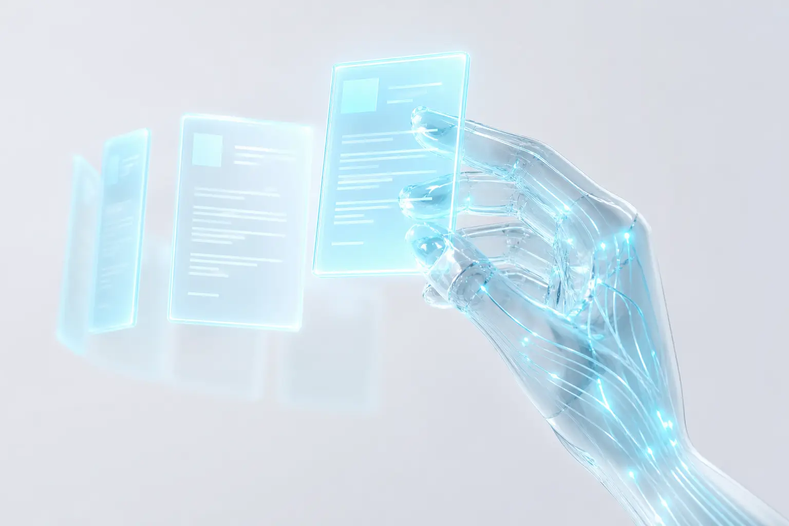 Mano sintética de vidrio traslúcido organizando nodos de datos que representan tareas de oficina automatizadas