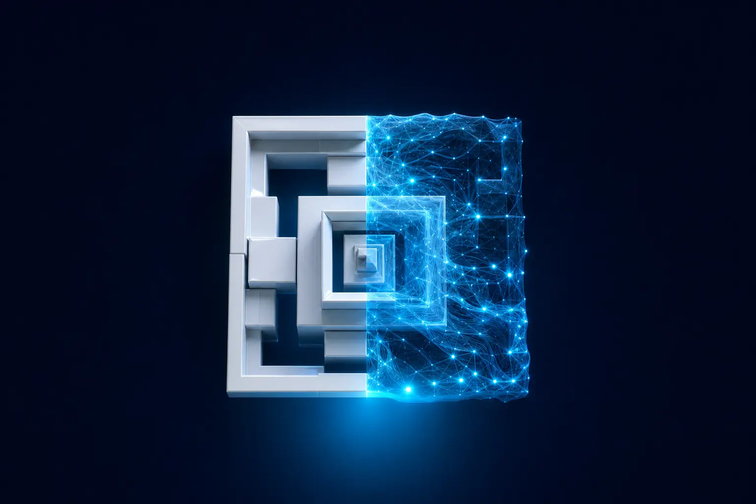 Estructura fractal translúcida en metamorfosis representando transformación de software empresarial hacia IA
