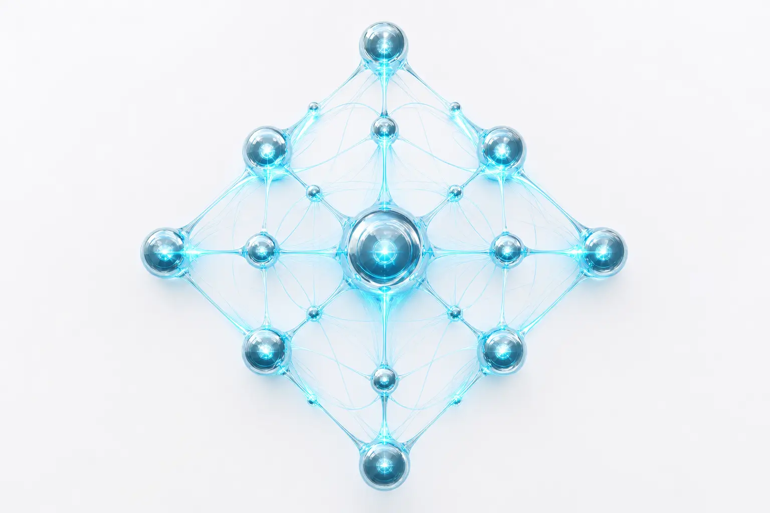 Estructura de nodos cristalinos representando el modelo de razonamiento interno de Microsoft MAI-Thinking-1 con luz cian sobre fondo void azul
