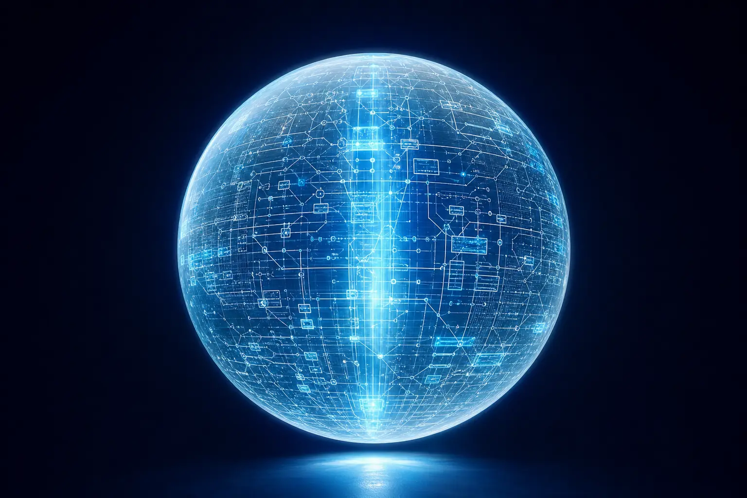 Esfera de acrílico esmerilado translúcido con mapas de proceso internos representando un gemelo digital de operaciones